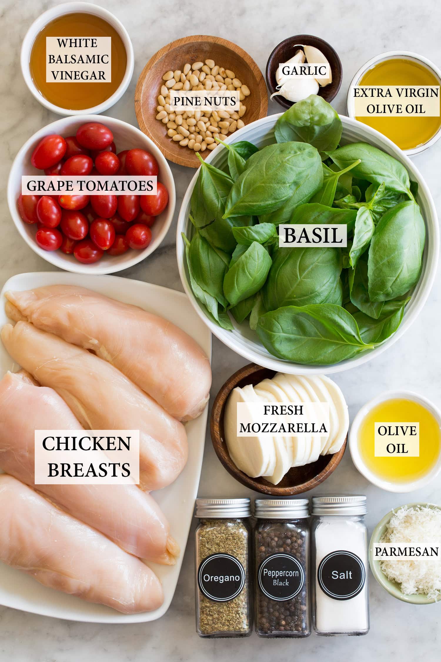 Ingredients needed for grilled chicken margherita.